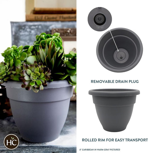 The HC Companies 8 Inch Caribbean Planter - Lightweight Indoor Outdoor Plastic Plant Pot for Herbs and Flowers, Warm Gray...