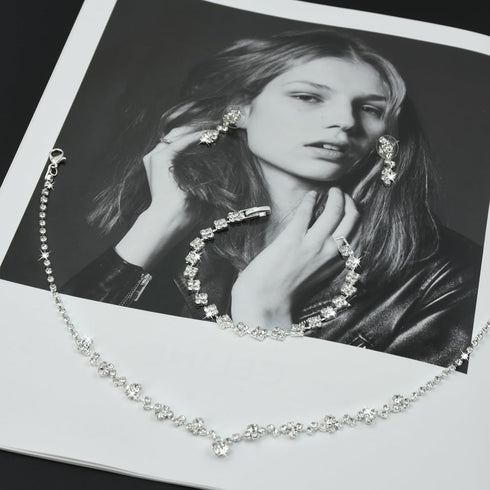 Wedding Jewelry Set for Women, Set of 3 Rhinestone Bridal Necklace Dangle Earrings Bracelet Set, White Silver Plated Bridal Jewelry Set, Wedding P...