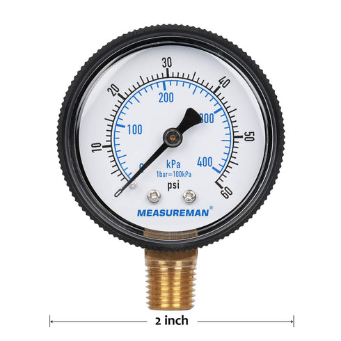 Measureman 2" Swimming Pool Pressure Gauge, 1/4"NPT Lower Mount, 0-60psi/kpa, Plastic Case...