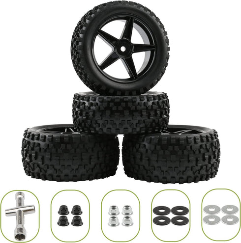 4pcs RC Buggy Tires 12mm Hex Wheels and Tires for 1/10 Scale Buggy RC Off Road Vehicle Tyres with Locking Nuts Washers and Wrench Spare Parts Repl...