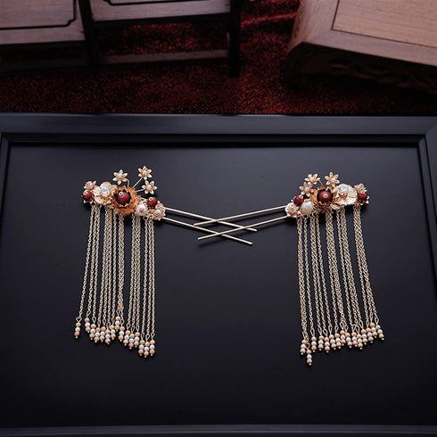 Women Gold Butterfly Hair Comb Traditional Chinese Wedding Headdress Accessories Red Pearl Stick Head Jewelry Bridal Headpiece...