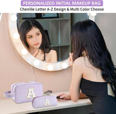 2pcs Personalized Initial Makeup Bag A-Z, Travel Toiletry Bag Monogram Make Up Bags Preppy Cosmetic Bag Makeup Pouch Birthday Graduation Gifts Bag...