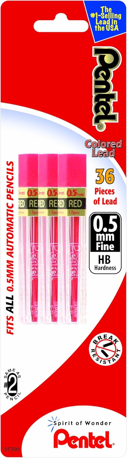 Pentel Refill Lead, 0.5mm, Fine, Red, 12 Pieces Per Tube, 3 Pack (PPR5BP3-K6)...