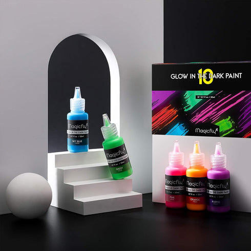 Magicfly Acrylic Glow in The Dark Paint, 10 Bright Colours Liquid Luminous Paint, Neon Paints Glow in Dark for Painting, Halloween Decoration, DIY...