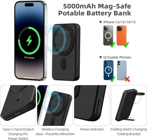 DDUAN 3 in 1 Wireless Charging Station, Foldable Fast Charger Stand with 5000mAh Mag-Safe Portable Battery Bank for iPhone 15/14/13/12, for All Ap...