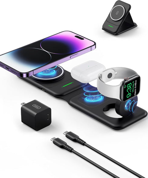 INIU 3 in 1 Charging Station for Apple Multiple Devices, 15W Magnetic Foldable Travel Charger, Wireless Charger Compatible MagSafe, iPhone 15/14/1...