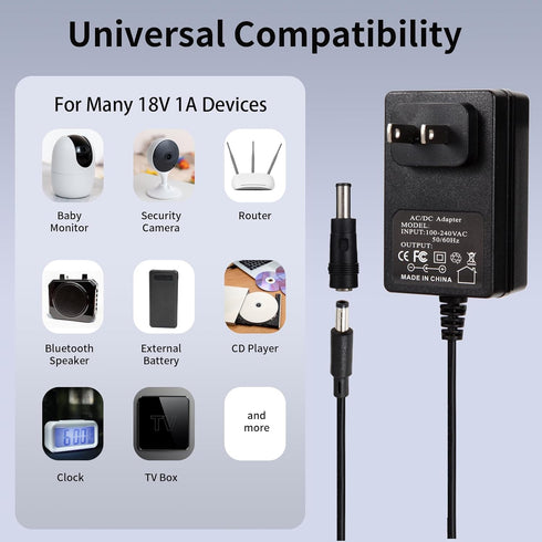 18V AC DC Power Supply Adapter 18Volt 1 Amp Charger DC 18V 1A Power Cord with 8 Interchangeable Jacks for 100mA 200mA 300mA 400mA 500mA 600mA 800m...