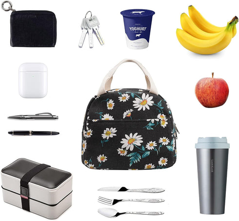 EurCross Women's Lunch Bags for Work with Chic Floral Daisy Pattern,Canvas Stylish and Insulated Black Lunch Tote Bento box Bag Carrier of On-the-...