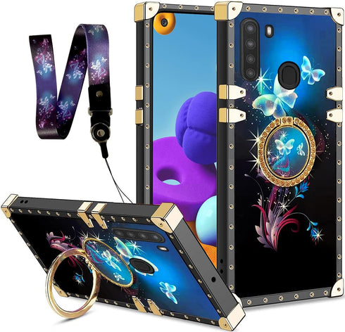 Case for Galaxy A21, Phone Case for Samsung A21 Girls Women Butterfly Black Fantasy Square Case with Ring Stand Lanyard Drop Protector Cover for S...