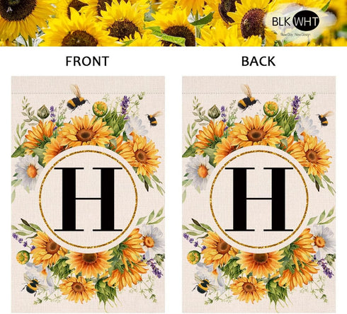 Monogram Letter H Garden Flag Summer Sunflower 12x18 Vertical Double Sided Spring Floral Bee Outside Decorations Small Burlap Family Last Name Ini...