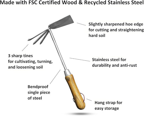 Garden Guru Eco Hand Cultivator Hoe Tiller Tool - 100% Recycled Stainless Steel - Rust Resistant - FSC Certified Wood Ergonomic Handle -Great for ...