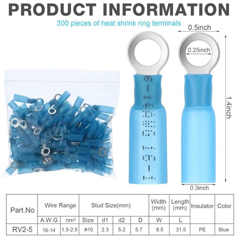 300 Pcs Heat Shrink Ring Terminals #10 Blue 16-14 AWG Electrical Connectors Ring Connector Clear 10 AWG Wire Connectors, Waterproof and Insulated ...