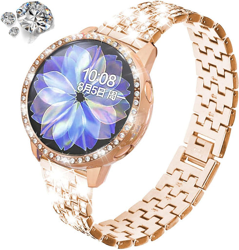 Bands Compatible with Samsung Galaxy Watch Active 2 40mm / Active 2 44mm, Shiny Diamond Stainless Steel Metal Strap with Rhinestone Protective Cas...