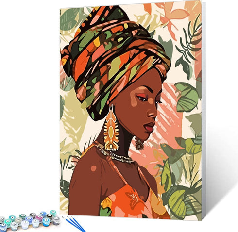 African America Painting Afro Black Girl Art Paint by Number Kits 16 x 20 inch Canvas DIY Tropical Green Leaves Oil Painting for Kids Adults Begin...