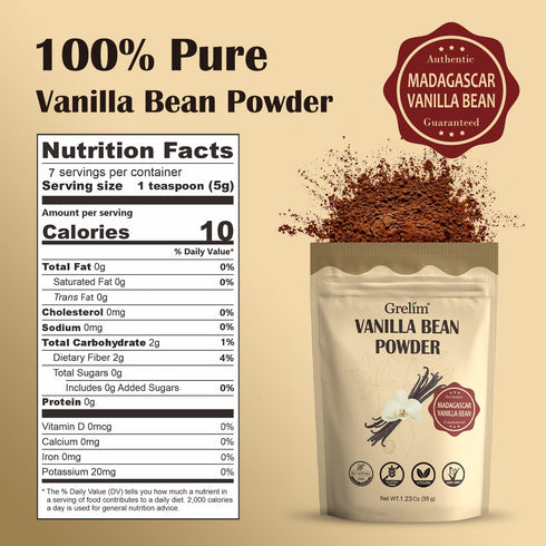GRELIM Vanilla Bean Powder, 100% Pure Ground Madagascar Vanilla Powder,No Fillers or Additives Great for Baking, Coffee, Smoothies 1.23 Oz (35g)...