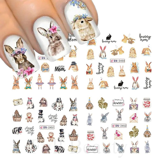 12 Sheets Rabbit Nail Stickers Animal Water Transfer Nail Decals Holographic Art Sticker Decal Rabbit Butterfly Flower Nail Art Design for Women G...