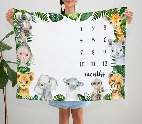 Safari Milestone Blanket, Jungle Animals Baby Growth Chart Monthly Blanket, Watch Me Grow Jungle Wild Baby Nursery for New Moms Baby Shower(50"x40...