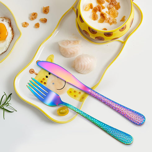 LIANYU 12-Piece Rainbow Kids Silverware Set, Stainless Steel Toddler Utensils, Hammered Preschooler Metal Flatware Cutlery Set, Children Tableware...