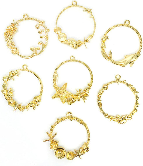 Allazone 35 PCS Open Bezel Charms, 28 PCS Sea Theme Open Bezels for Resin 7 Style Alloy Frame Pendants 2 Color Hollow Resin Frames with Necklace f...
