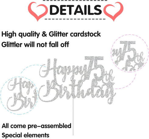 Silver Glitter Happy 75th Birthday Cake Topper - 75th Birthday Cake Topper, 75th Birthday Party Decoration...