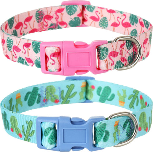 Spring Summer Dog Collar 2 Pack, Flamingos Cactus Print Medium Dog Collar, Hawaiian Collar for Boy Girl Dogs...