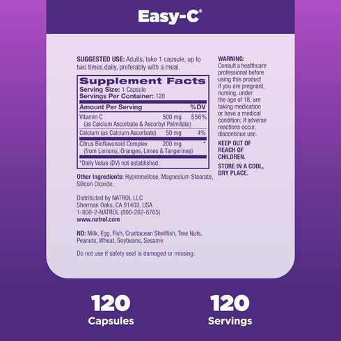 Natrol Easy-C Immune Health, Dietary Supplement, Supports Immune Health with Vitamin C and Bioflavonoids, Veggie Capsules, 500 mg, 120 Count...