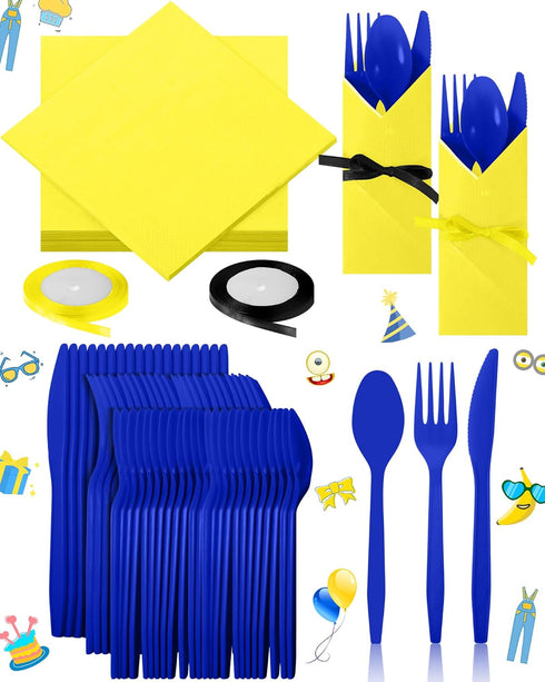 Domensi 24 Set Yellow Cartoon Theme Party Plastic Cutlery Set Include Blue Disposable Plastic Spoons Forks Knives Yellow Paper Napkins Satin Ribbo...