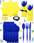 Domensi 24 Set Yellow Cartoon Theme Party Plastic Cutlery Set Include Blue Disposable Plastic Spoons Forks Knives Yellow Paper Napkins Satin Ribbo...
