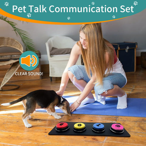 4 Recordable Buttons with Rubber Mat and 25 Stickers - Record and Playback Any Custom Message to Teach Your Dog Voice What They Want...