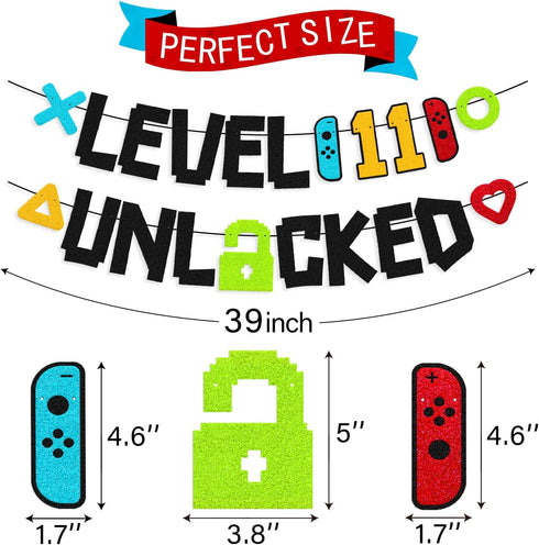 Level 11th Unlocked Sign Banner Happy 11th Birthday Level Up Eleventh Bday Party Decorations for Video Game Controller Themed Kids Boy Girl Birthd...