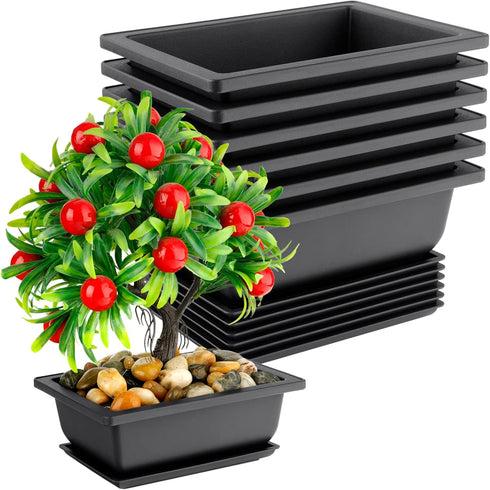Bonsai Pot 6.5 Inches, 6 Packs Rectangle Bonzai Training Pots with Drainage Trays, Plastic Flower Pot Humidity Trays, Square Potted Planter Pot fo...