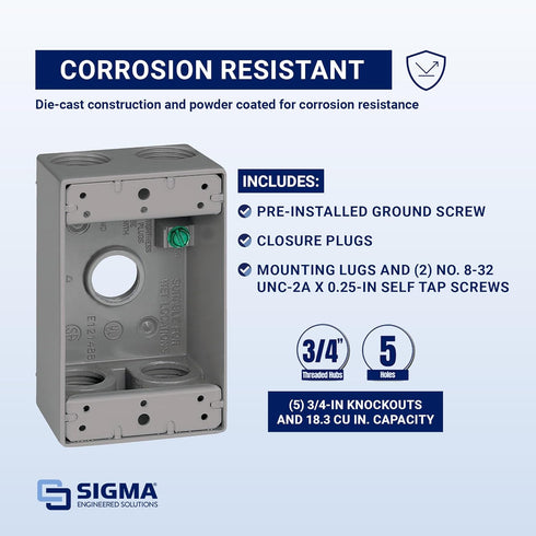 SIGMA ENGINEERED SOLUTIONS 14253-5 Metal Electrical Outlet Box, Weatherproof, Easy Mount Plug and Receptacle Protector, Gray, (5) 3/4-Inch Holes, ...