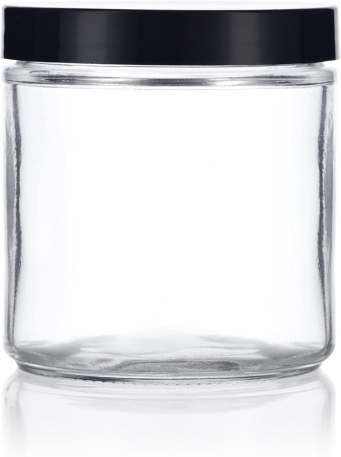 16 oz Large Clear Thick Glass Jar with Black Foam Lined Lid (4 pack)...