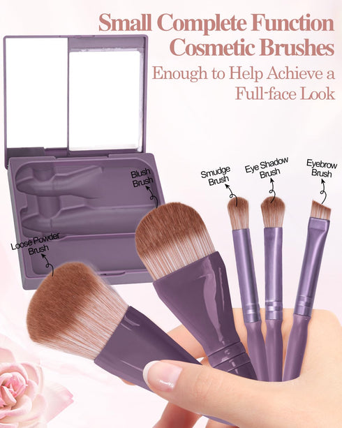 Travel Size Makeup Brushes Mini Set with Hard Case and Built-in Mirror, 5Pcs Small Cosmetic Brushes, On the Go Brush Travel Essentials kits for Wo...
