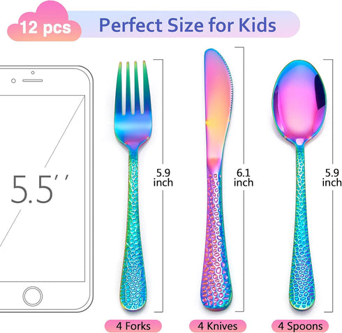 LIANYU 12-Piece Rainbow Kids Silverware Set, Stainless Steel Toddler Utensils, Hammered Preschooler Metal Flatware Cutlery Set, Children Tableware...