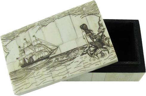 Fake Reproduction Scrimshaw Art Bone Mermaid Nautical Jewelry Box Treasure Chest...