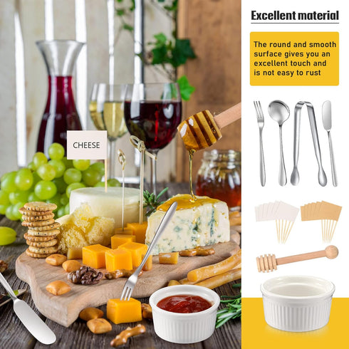 Charcuterie Board Accessories Utensils Cheese Butter Spreader Knives Set Include Serving Tongs, Knives, Spoons, Forks, Toothpick Flags, Honey Dipp...