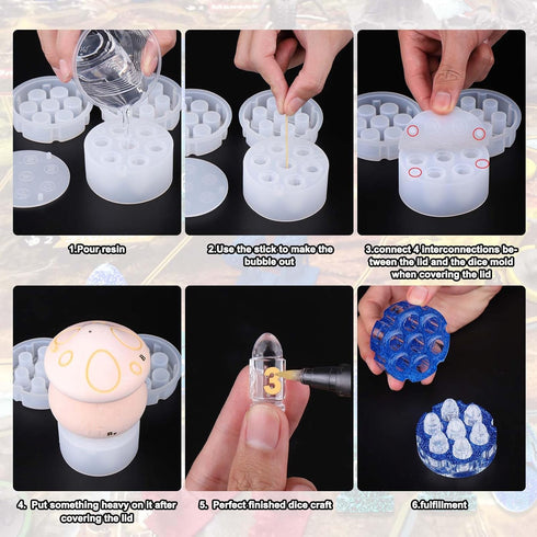 Juome Dice Resin Molds Silicone with Dice Box, DND Dice with Holder Epoxy Resin Molds, Silicone Molds for Epoxy Resin for DIY Dices and Dices Stor...