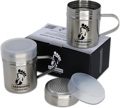 The Sasquash Spice Shaker - Professional Grade 10oz Stainless Steel Smash Burger Griddle and Grill Dredge Salt and Pepper Shaker with Lid - 2 Pack...