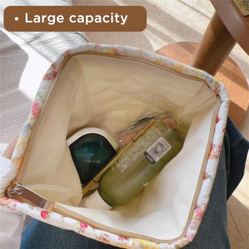 Floral Makeup Bag Large Cotton Quilted Cosmetic Makeup Bag Organizer, Aesthetic Portable Pouch Purse Toiletry Bag for Women Girls Travel accessori...