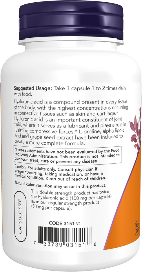 NOW Supplements, Hyaluronic Acid 100 mg, Double Strength with L-Proline, Alpha Lipoic Acid and Grape Seed Extract, 120 Veg Capsules...
