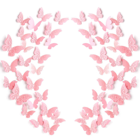 Outus 120 Pieces Pink 3D Layered Butterfly Wall Decor Removable Butterfly Stickers Hollow Mural Decals for Birthday Cake Decorations Crafts Bouque...
