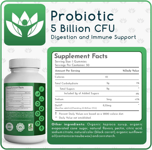 Organic Probiotic Gummies, 5 Billion CFU per serving, 60 Count, Vegan, Supports Digestive Health and Immune Defense, for Women and Children; Straw...
