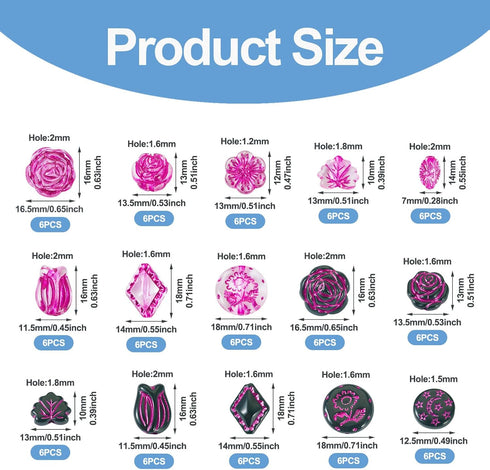 90pcs Acrylic Flower Beads Hot Pink Black Plastic Beads Vintage Rose Tulip Flower Loose Beads for DIY Bracelets Necklace Key Chains Jewelry Making...