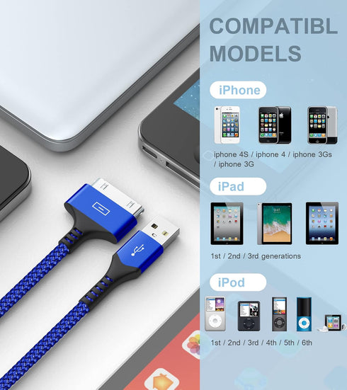 AviBrex USB to 30 Pin Charging Cable 6.6ft 2-Pack, USB Fast Charging & Sync Data Cable Nylon Braided Cord Compatible iPhone 4/4s/3G/3GS, iPad 1 2 ...