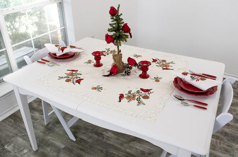 Embroidered Christmas Red Cardinals and Pine Cones on Ivory Table Topper, Small Tablecloth (33 Inch Square)...