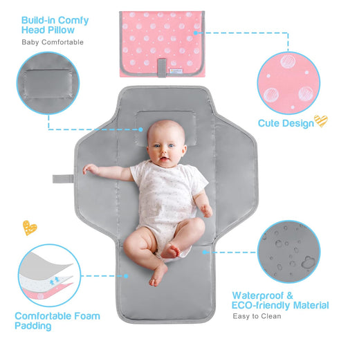 Portable Changing Pad for Baby, Compact Waterproof Diaper Mat with Built-in Cushion, Pink...