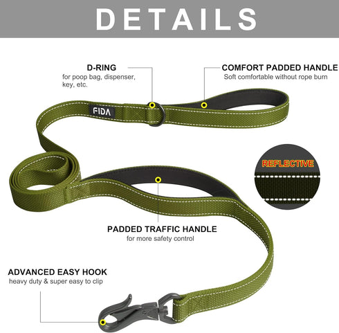 Fida 4 FT Heavy Duty Dog Leash with 2 Comfortable Padded Handles, Traffic Handle & Advanced Easy Snap Hook, Reflective Walking Lead for Large, Med...