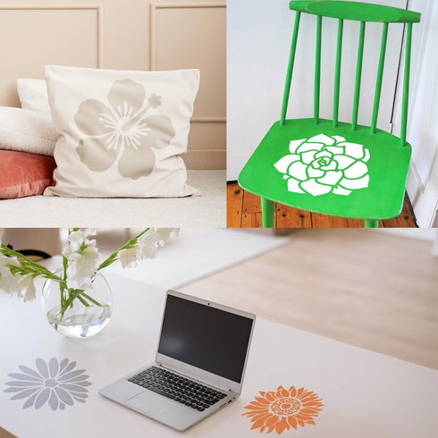 HELLATHUN 6pcs Reusable Large Flower Stencil (12x12 Inches), Sunflower Stencil, Rose Stencil, Dahlia Stencil, Floral Stencil for Painting on Furni...