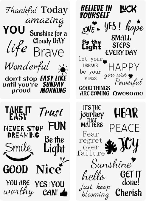 Inspirational Word Stencils,4 Pcs Words & Quote Templates 8 x 11.7 Inch Reusable Stencils for Painting on Wood, Fabric, Paper, Wall DIY Drawing Cr...